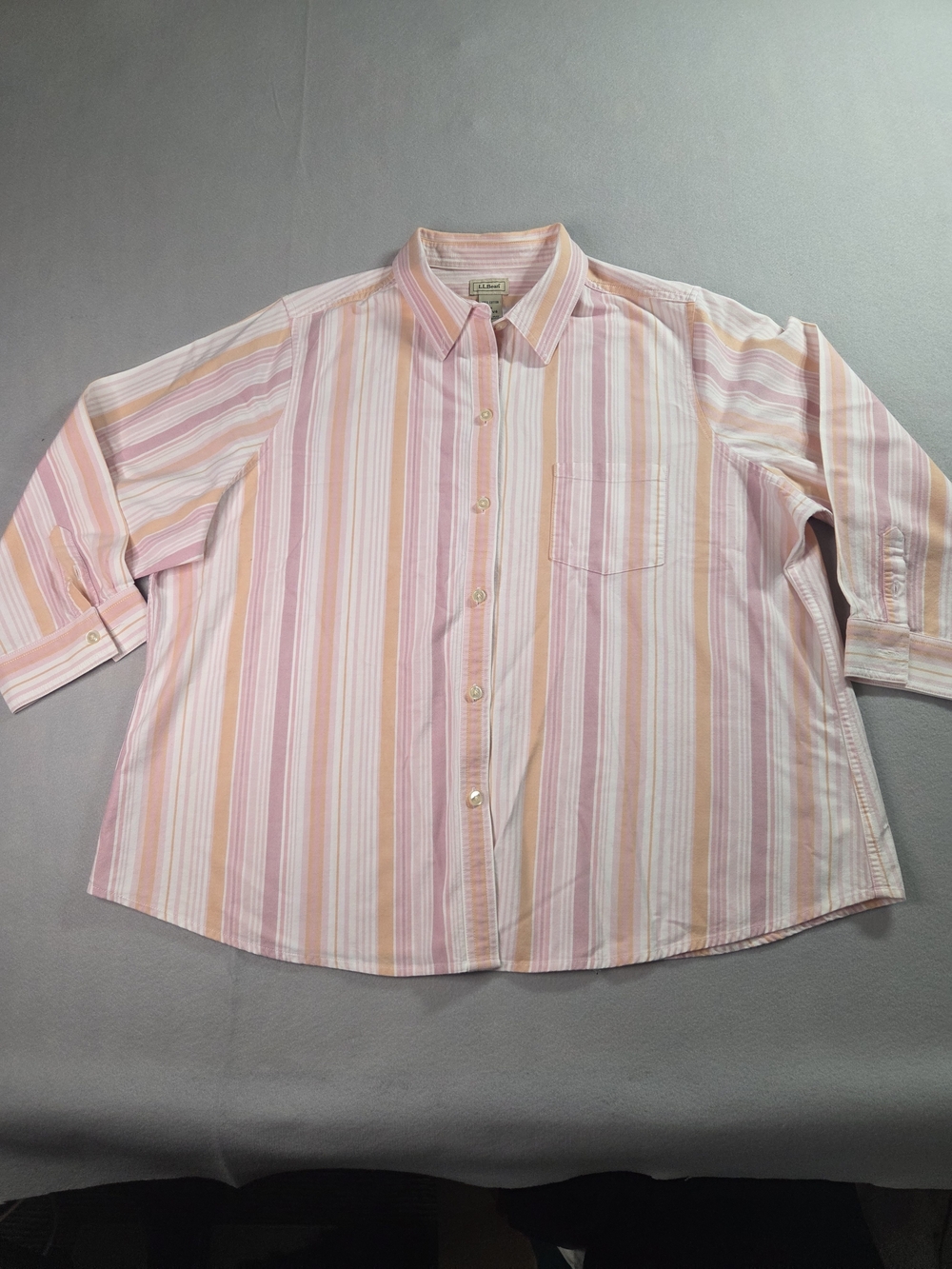 L.L. Bean Women's Button-Down Shirt 1X 100% Cotton Pastel Pink Orange Striped Lo